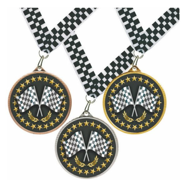 55mm Cross Flags Medal + Chequered Ribbon