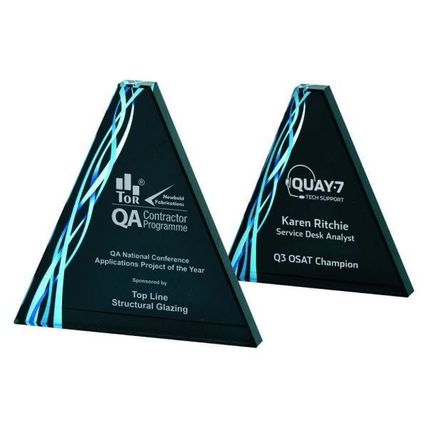 Triangular Blue Glass Award - Black Background